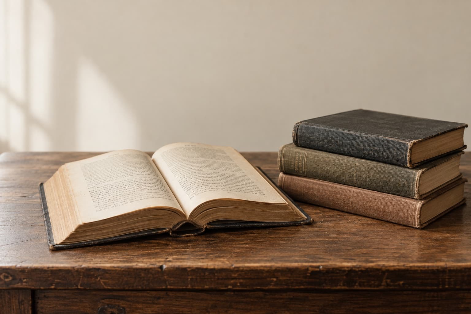 An open reference book beside a stack of worn clothbound books